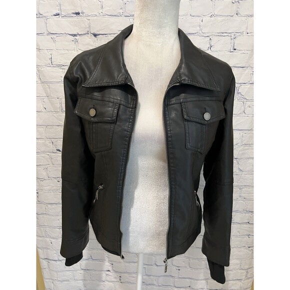 Lock & Love Women's Black Faux Leather Jacket Biker Moto size - Picture 2 of 7